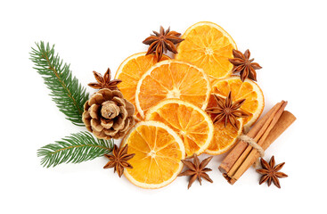 Dry orange slices, fir branches, cinnamon sticks and anise stars isolated on white, top view