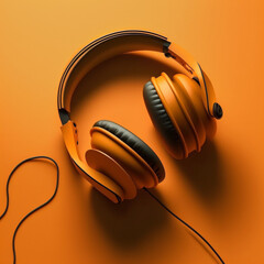 Music headphones on an orange background. Generative AI.