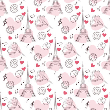 seamless pattern with Eiffel tower, hearts and sweets