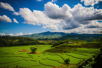 Fototapeta premium At khao kho in Phetchabun Thailand, there is a green rice field atop a mountain. Generative AI