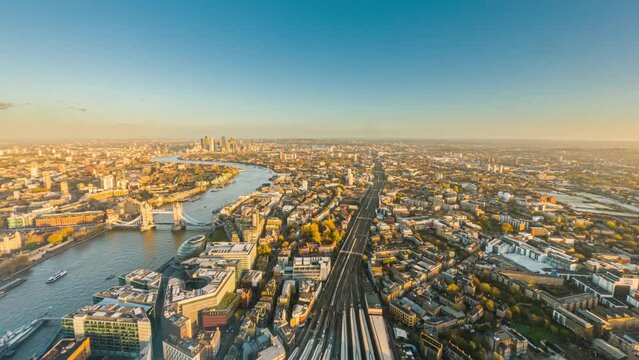 Central London aerial view time lapse. London Nightlife Time-Lapse. Time-lapse of trains in London. Time Lapse London Aerial View from The Shard to Tower Bridge. 