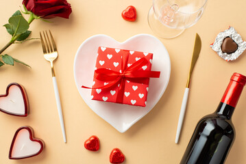 Valentine's Day concept. Top view photo of heart shaped dish with giftbox with ribbon bow cutlery wine bottle candles wineglass chocolate candies and rose on isolated pastel beige background