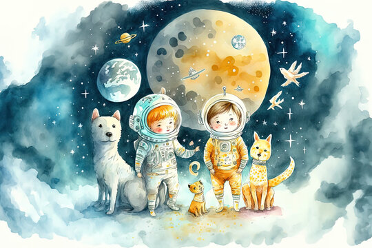 Fototapeta Kids and animals With a bright moon, stars, and clouds, astronauts go on space excursions. Dreamy, exciting, and entertaining cartoon for kids about cosmic travel. watercolor style wallpaper illustrat