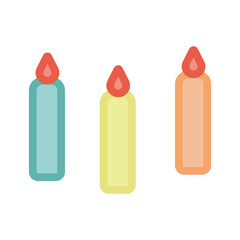 Multicolored wax candles with flame. In flat style