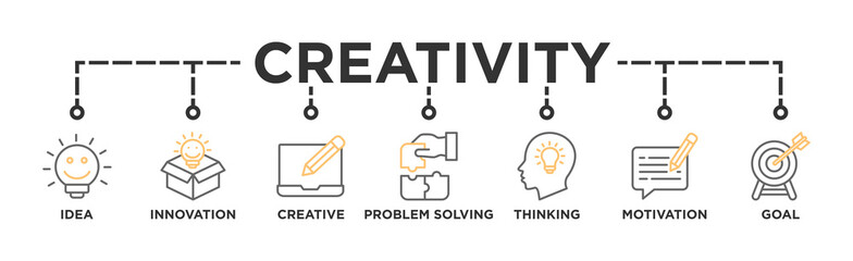 Creativity banner web icon vector illustration concept with icon of idea, innovation, creative, problem solving, thinking, motivation, goal