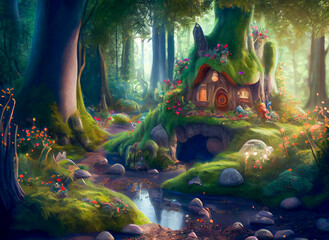 Fototapeta premium Fairytale fantasy forest with house inside a big tree, ai illustration
