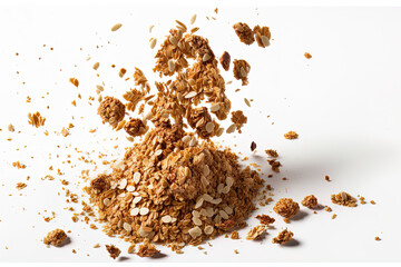 Granola dropping deliciously over a white backdrop. wholesome snack. Generative AI