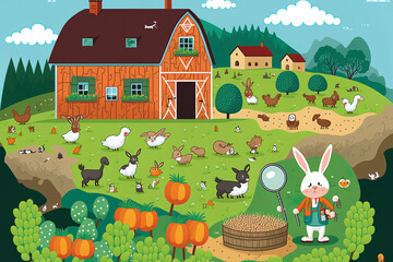 Obraz na płótnie Canvas farming search game with farmers and a rural village setting. Find any hidden rabbits in the image. Simple Easter or farm themed seek and find game for youngsters that is downloadable. Generative AI