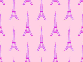 Fototapeta na wymiar Seamless pattern with Eiffel tower in pixel art style. Set of 8-bit Eiffel Towers in retro video game style. Design for wallpaper, wrapping paper and promotional materials. Vector illustration