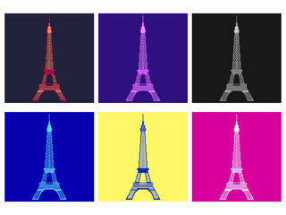 Eiffel tower in pixel art style. Set of 8-bit Eiffel Towers in retro video game style. Design for print, wrapping paper and promotional materials. Vector illustration