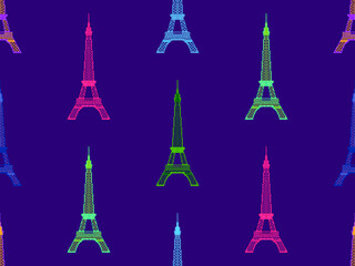 Seamless pattern with Eiffel tower in pixel art style. Set of 8-bit Eiffel Towers in retro video game style. Design for wallpaper, wrapping paper and promotional materials. Vector illustration