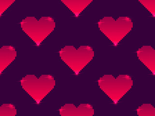Seamless pattern with pixel hearts and gradient colors. Happy Valentine's Day. 8-bit hearts in retro video game style. Design for print, wrapping paper and promotional items. Vector illustration
