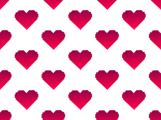 Seamless pattern with pixel hearts and gradient colors. Happy Valentine's Day. 8-bit hearts in retro video game style. Design for print, wrapping paper and promotional items. Vector illustration