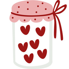 Many hearts packed in jam jars. cute glass jar has a heart inside Red heart cookies in a glass jar Valentine or giving love concept.