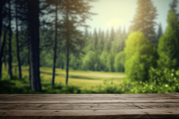 Empty wooden table surface with copy space, green forest background. AI 