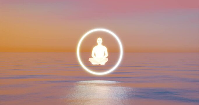 Sunset Sea Meditation 3D Rendering. Meditation person in circle levitate over the sea