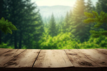Empty wooden table surface with copy space, green forest background. AI	