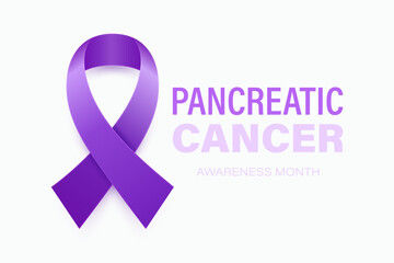 Pancreatic Cancer Banner, Card, Placard with Vector 3d Realistic Purple Ribbon on White Background. Pancreatic Cancer Awareness Month Symbol Closeup. World Pancreatic Cancer Day Concept