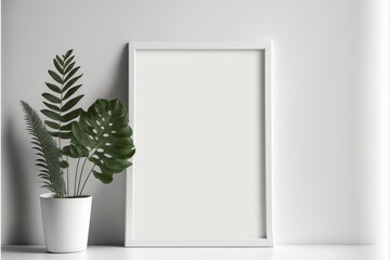 A minimalist vertical photo frame template that is blank, a white picture frame that sits next to a potted plant on a shelf, and the concept of minimalism in general