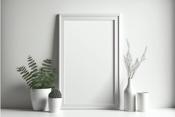 A minimalist vertical photo frame template that is blank, a white picture frame that sits next to a potted plant on a shelf, and the concept of minimalism in general
