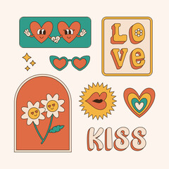 Set of love groovy elements flat retro 70s hippie stickers