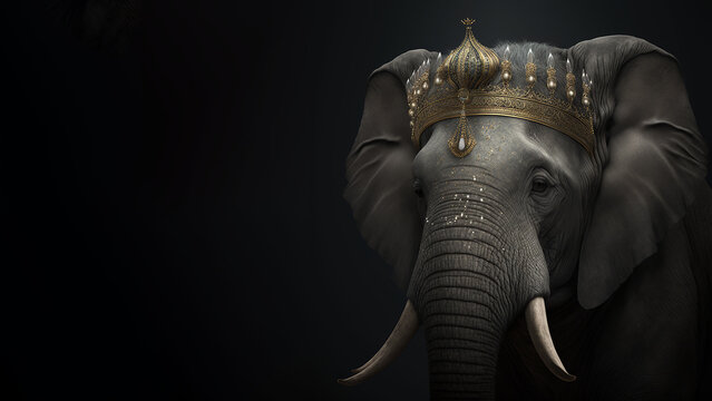Regal Elephant Wears Crown on Mysterious Dark Background
