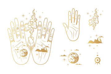 Golden celestial hand with moon, planet, fire and palmistry diagram.  Hand drawn symbol  of prediction, fortune telling. Magic mystic vector illustration isolated background for esoteric, witchcraft