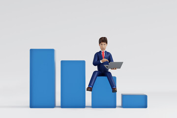 Businessman with business bar chart, financial business concept, 3D rendering cartoon character.