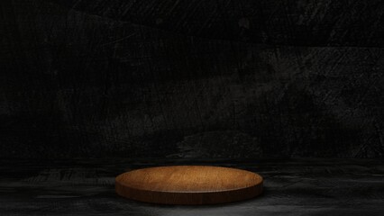 Wood podium stand with natural rock, pedestal for brand product exhibition. 3D rendering.