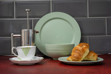 bone china  coffee cup and saucer stainless steel cafetiere   with fresh coissant green  dinner set...