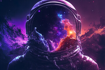 Astronaut in space with stars, a galaxy, a purple and blue nebula, and galaxies reflected in his helmet. Generative AI © The 2R Artificiality