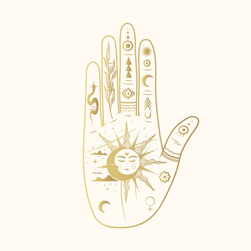 recommend clip art: Golden hand with sun, moon, snake, twig and clouds. Hand drawn symbol  of prediction, fortune telling. Magic mystic vector illustration isolated on white background for esoteric,  witchcraft, stickers