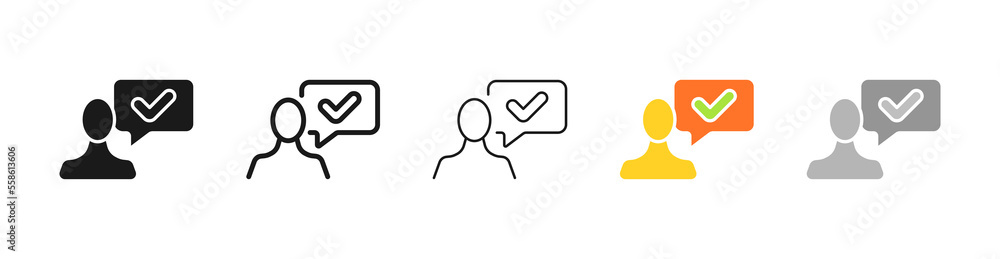 Poster man with speech bubble and checkmark. working communication, approved, work, presentation, agreement