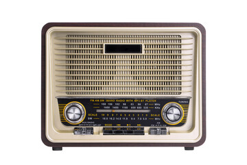 retro-style radio in a brown wooden case, isolated on a transparent background - obrazy, fototapety, plakaty