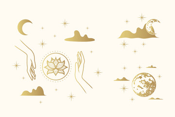 Golden celestial hands with mystical elements - moon, planets, clouds, stars and lotus. Hand drawn vector illustrations isolated on white background.