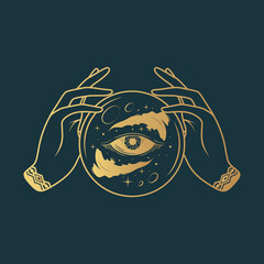 Golden silhouette of the all-seeing eye in the hands. Hand drawn celestial vector illustration on black background.