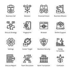 Financial Vision, Business Mission, Settings, Career Target, Business Security, Going to Success, Bank Transaction, Confusion, Discuss Strategy, Outline Icons - Stroked, Vectors