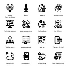 Select Right Candidate, Stamp, Working, Business Mind, Waiting Room, Event Schedule, Local SEO, Payment Method, Coffee Break, Time Management, Technical Support, Glyph Icons - Solid, Vectors