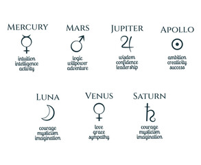 Planets symbols  set.  Astrological sign  Mercury, Mars, Jupiter, Apollo, Luna,Venus, Saturn for calendar, tattoo  and horoscope.Vector illustration isolated on white background.  © Kirill