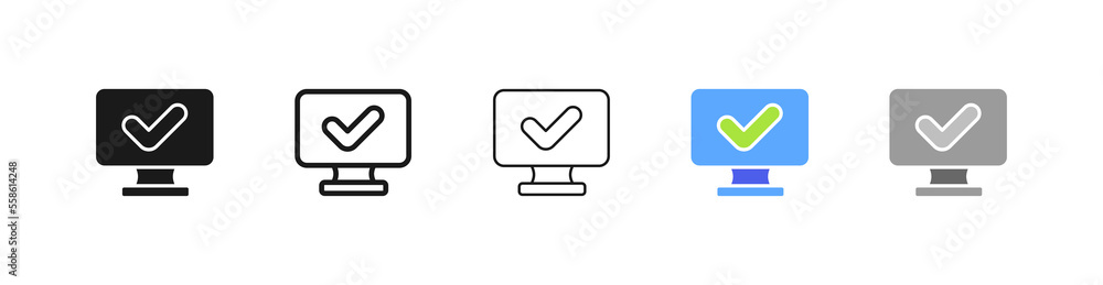 Aufkleber monitor with tick line icon. computer with tick and cross, success, failure. approved, confirmed, re