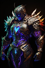 Fantasy suit of armor with turquoise heart. Futuristic concept. Isolated on dark background. Generative ai.