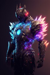 Fantasy suit of armor with blue heart. Futuristic concept. Isolated on dark background. Generative ai.