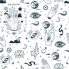 Mystical seamless pattern with palmistry hands, all-see eyes and other esoteric symbols. Hand drawn vector illustration for textile, background, texture, wrapping paper, witchcraft and magic shop