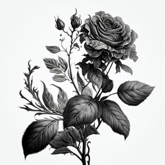 Tattoo-drawing of rose, flower, plant. Design for possible tattoo or drawing. Generative AI.