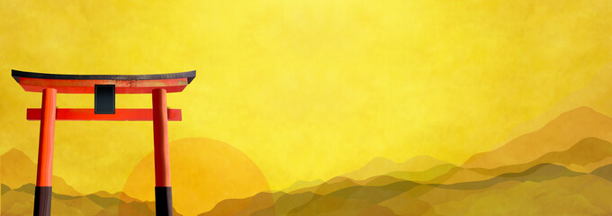金の和紙素材　赤い鳥居と富士三景の日の出