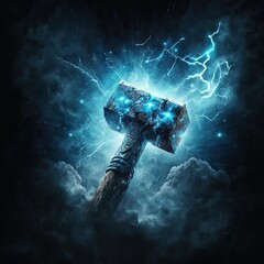 Thor hammer with blue lightning. Fantasy concept. Norse saga. Isolated. Generative ai. - obrazy, fototapety, plakaty