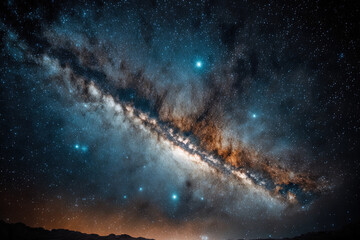 Fototapeta na wymiar Long exposure shot of the Milky Way galaxy in a cloudy sky with grit. Generative AI