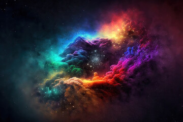 On a dark background, colorful fractal nebula dust is seen. Generative AI