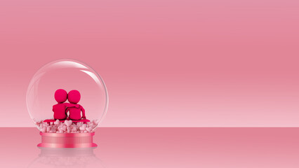 A couple sits hugging inside a glass ball with flying hearts. Romantic illustration Romantic, Valentines day, Wedding anniversary, Love Pink background Space for text on the left