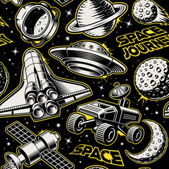Black space seamless background in vintage style with design elements such as space rover, astronaut helmet, satellite, moon, planets, shuttle